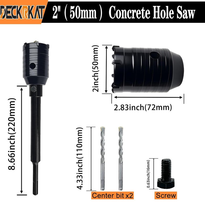 DECKRKAT 2" Concrete Hole Saw Kit,Electroplated Black Quenching Tech,Heavy-Duty Thickened Alloy Teeth,SDS Plus Shank & 2 Center Bits for Concrete,Brick,Stone. - Image 2